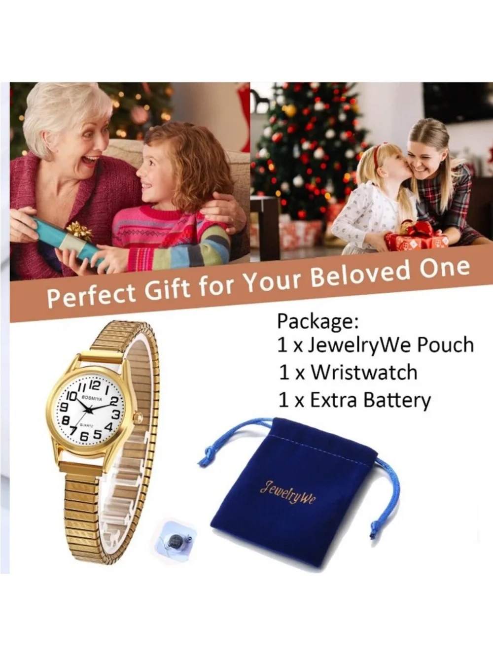 Women's Gold White Analog Quartz Small Dial Easy Reader Stretch Band Wrist Watch